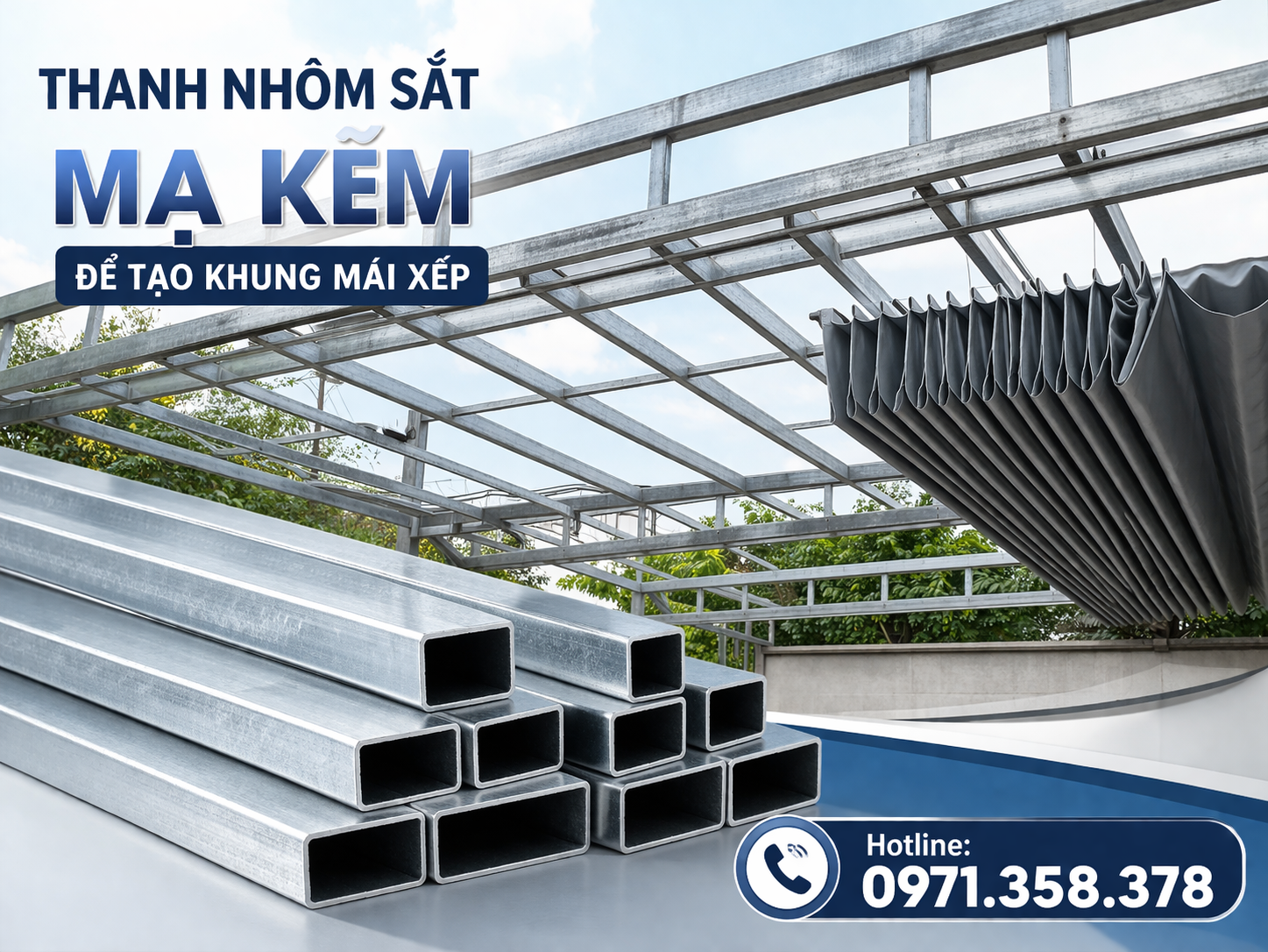 Thanh nhôm sắt mạ kẽm chuyên dùng làm khung mái xếp bền chắc, chống gỉ sét, chịu lực tốt. Giải pháp tối ưu cho mái che ngoài trời, thi công nhanh, giá tốt. Liên hệ ngay Hotline: 0971.358.378 để được tư vấn chi tiết.